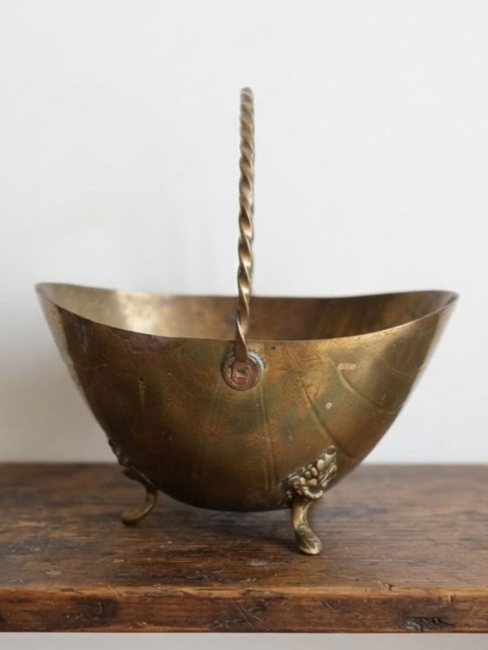 Vintage Brass Footed Basket Bowl Twisted Handle Decorative MCM 8-inch Planter
